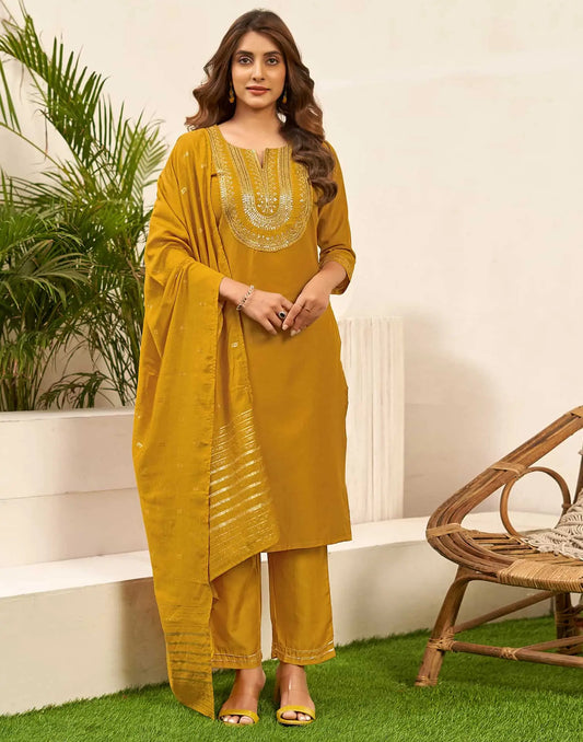 Yellow Cotton Straight Kurta Set with Pant & Dupatta for Women