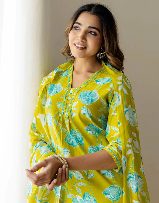 Green Cotton Printed Straight Kurta with Pant & Dupatta for Women