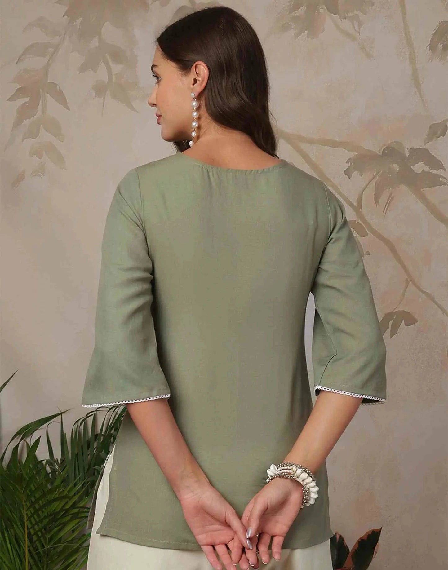 Cotton Blend Chikankari Straight Round Neck Short Kurti