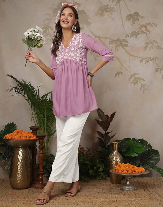 Cotton Blend Chikankari Flared V-Neck Short Kurti