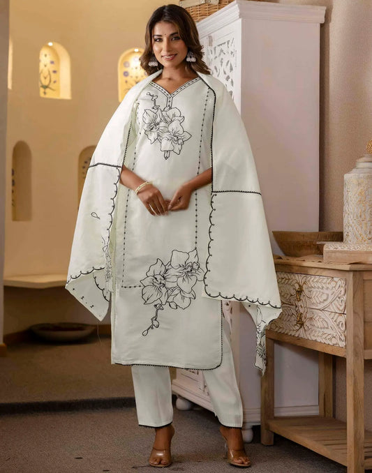 Silk Embroidery and Lace Straight Kurta with Pant & Dupatta