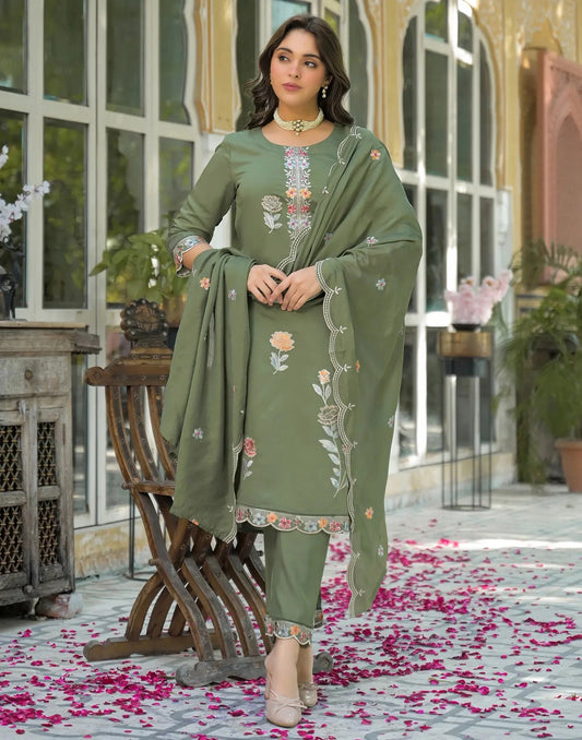 Silk Embroidered Straight Round Neck Kurta with Pant & Dupatta