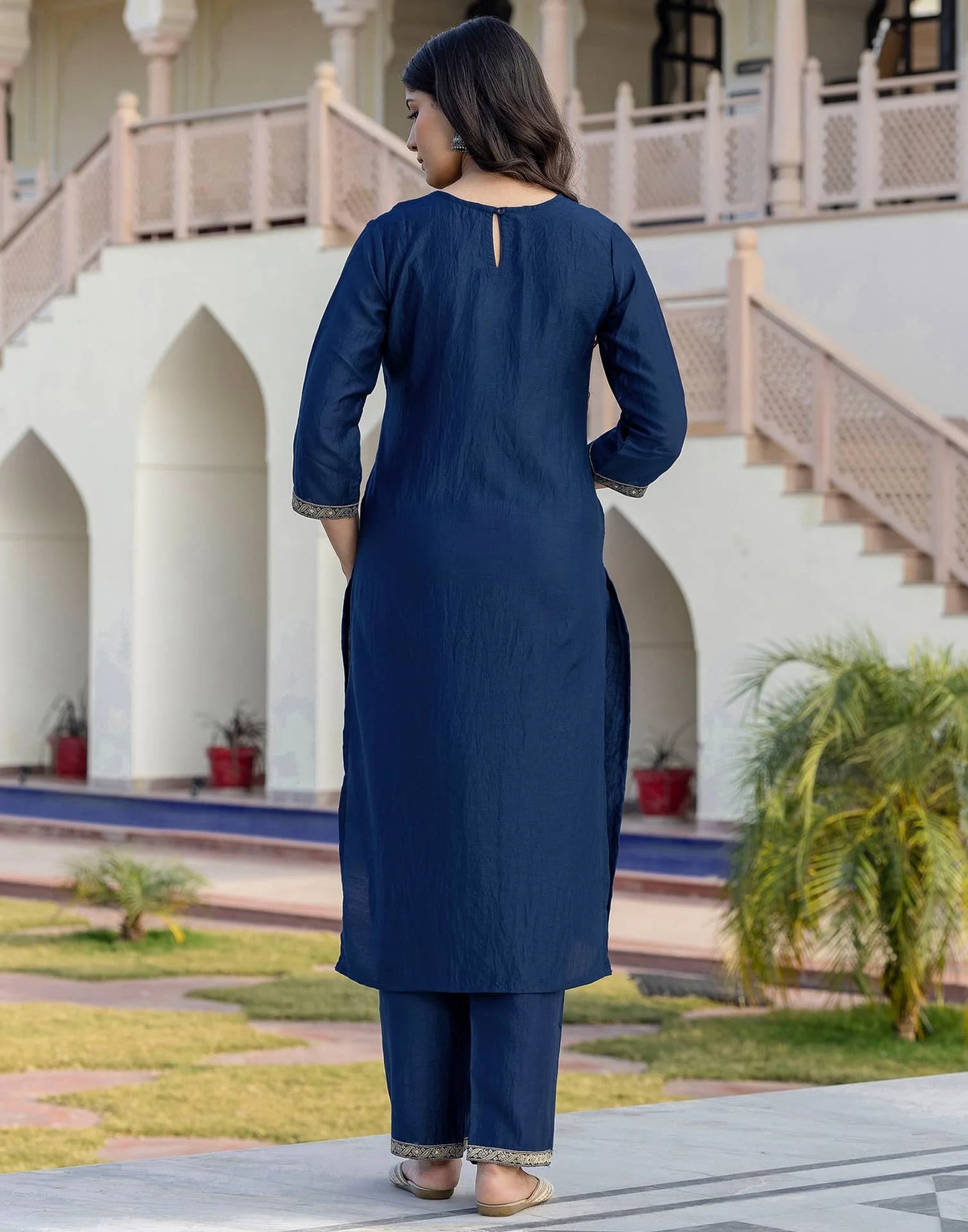Silk Blend Weaving and Lace Straight Kurta with Pant & Dupatta