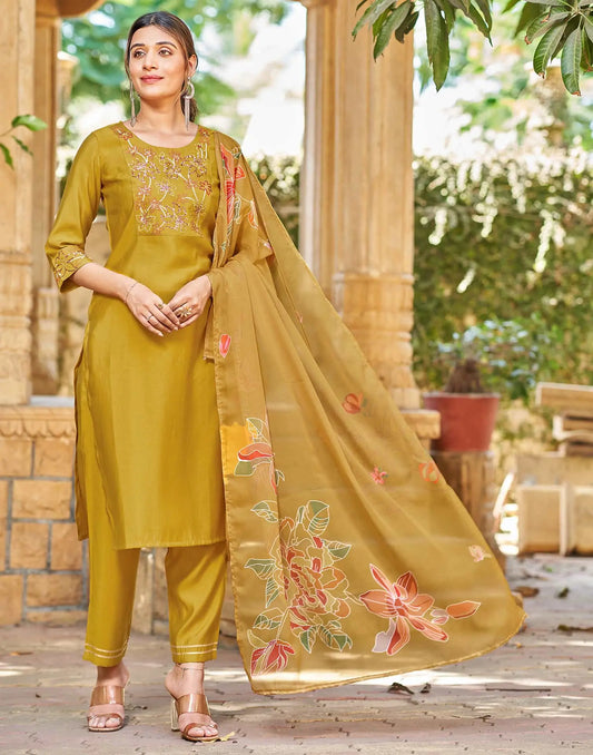Silk Blend Embroidered Straight Kurta with Pant & Dupatta