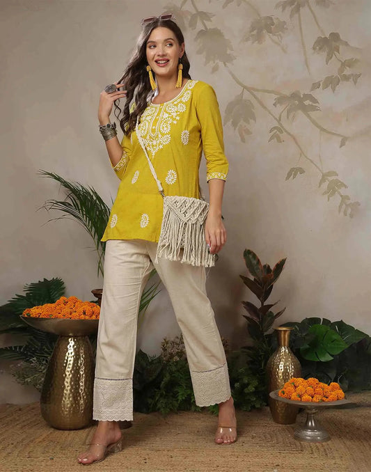 Cotton Chikankari Straight Round Neck Short Kurti