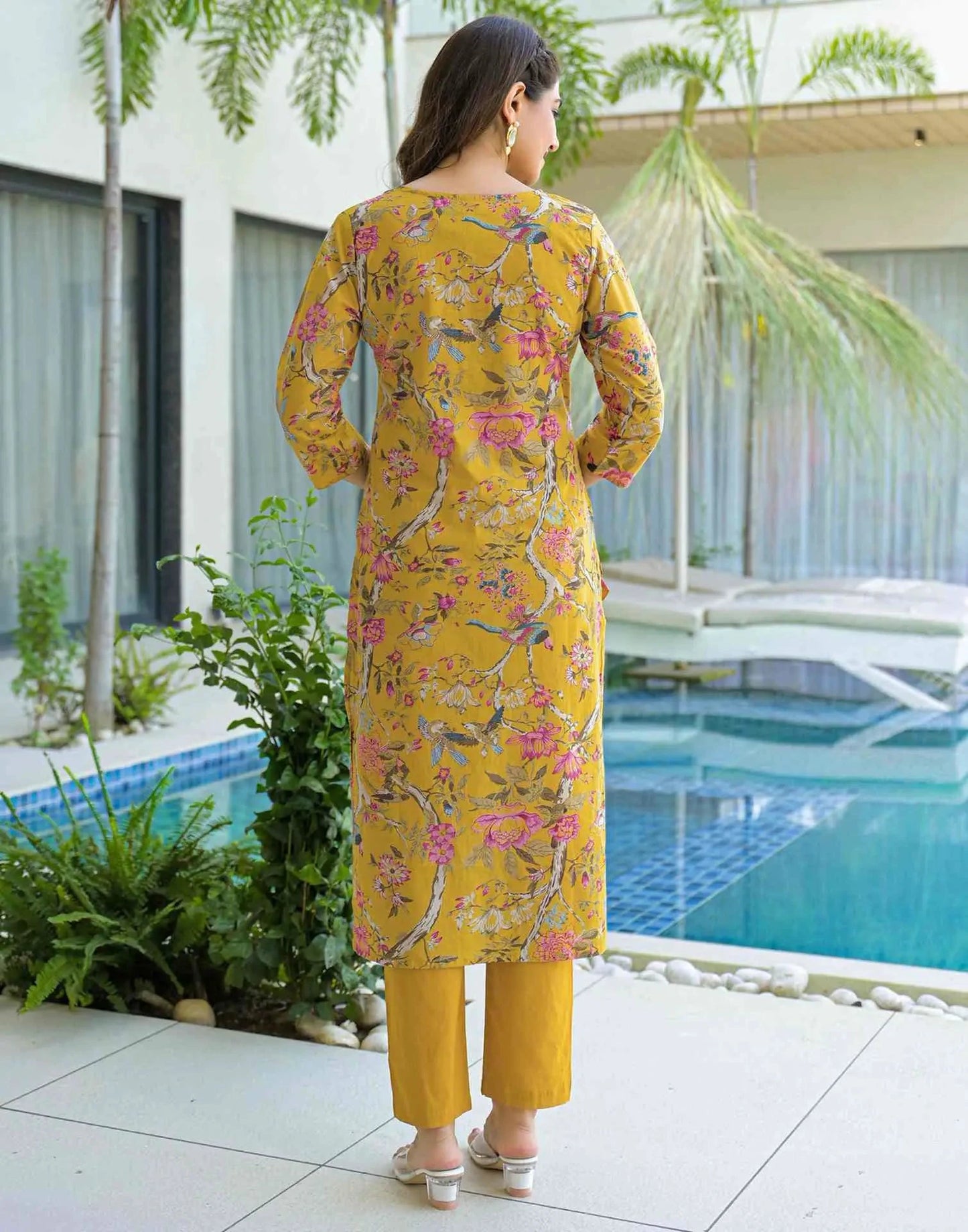 Cotton Printed Straight V-Neck Kurta with Pant & Dupatta