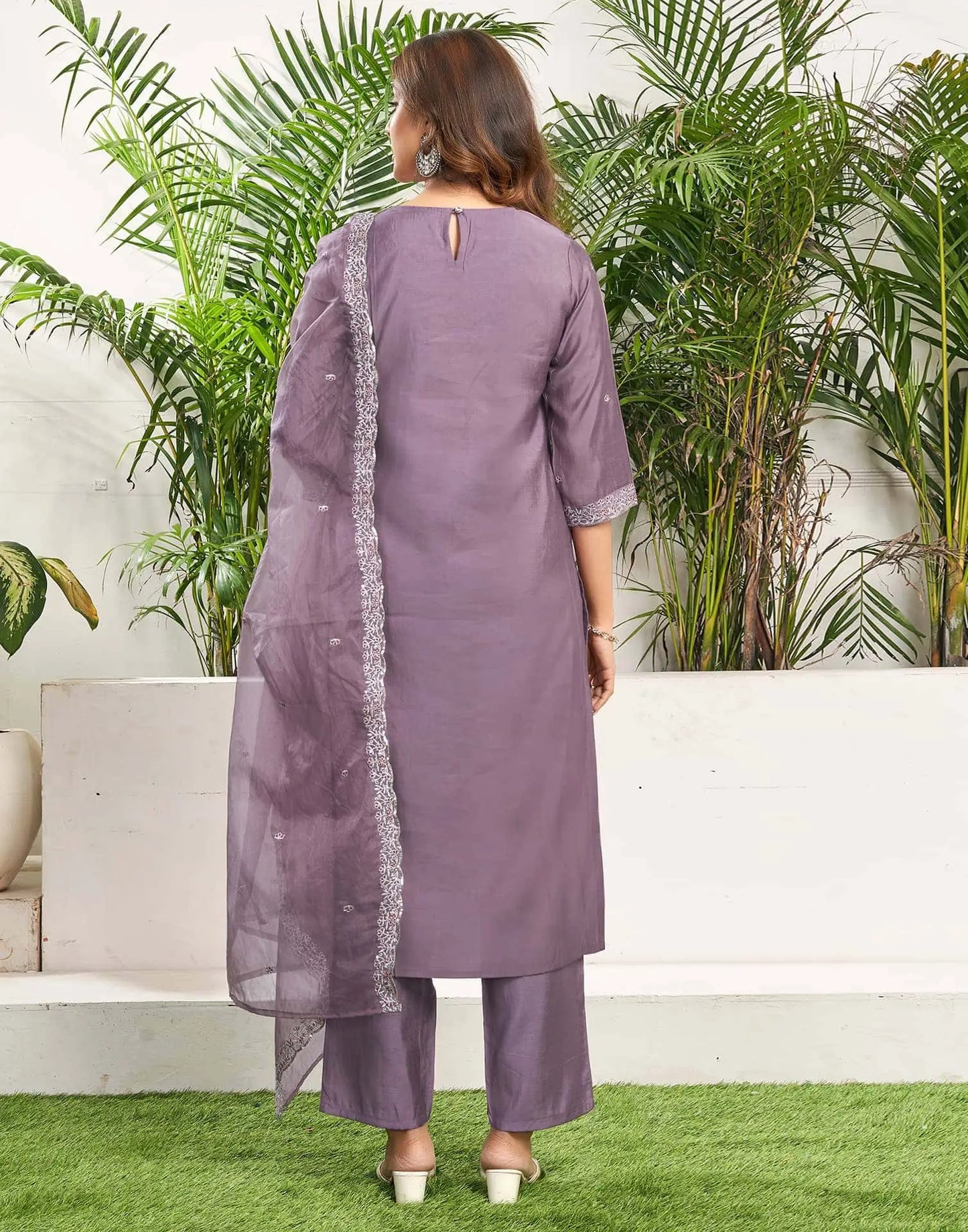 Affordable Dusty Purple Silk Embroidered Festive Kurta Set with dupatta