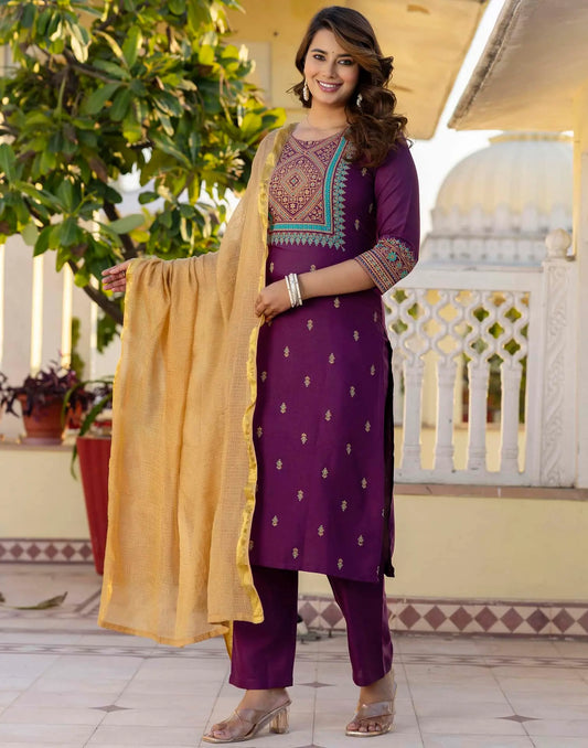 Cotton Blend Table Print Straight Kurta with Pant & Dupatta