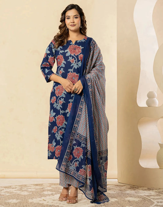 Cotton Printed Straight V-Neck Kurta with Pant & Dupatta