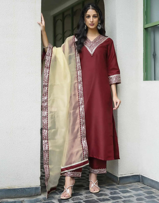 Silk Blend Sequins Embroidery Lace Straight Kurta with Pant & Dupatta