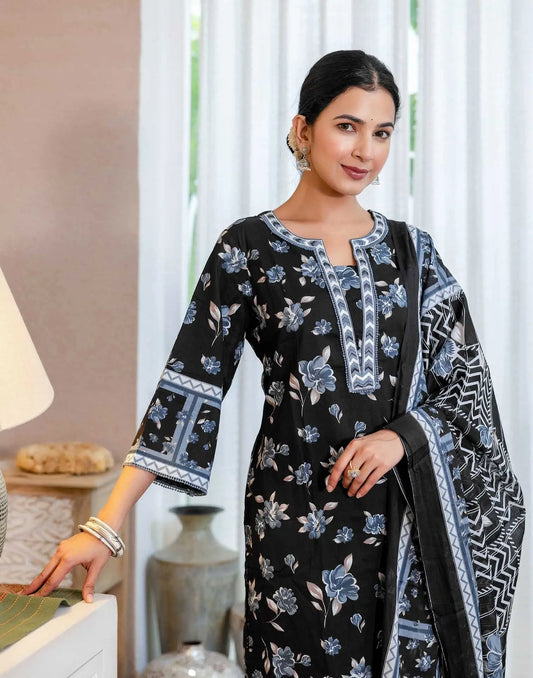 Affordable Blue Cotton Printed Straight Kurta Set with Pant & Dupatta under 799