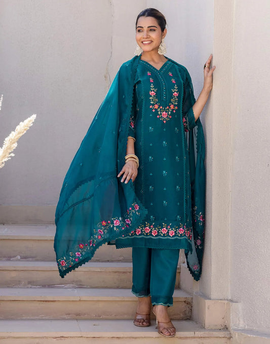 Blue Silk Blend Embroidery Straight Kurta Set for Women with Pant & Dupatta