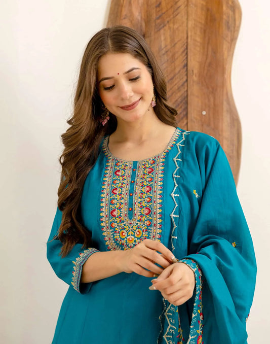 Blue Silk Embroidered Anarkali Kurta Set with Pant and Dupatta for Women Festive Wear under 1299