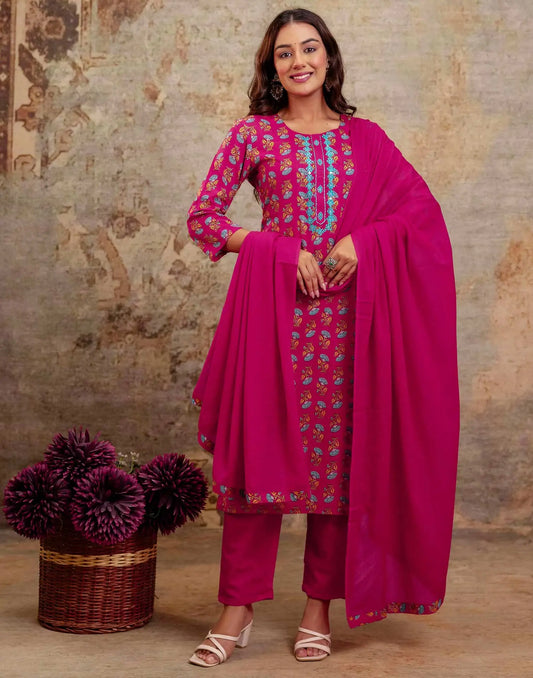 Pink Cotton Printed Straight Kurta Set with Pant & Dupatta for Women Round Neck, Casual & Office Wear Under 1299