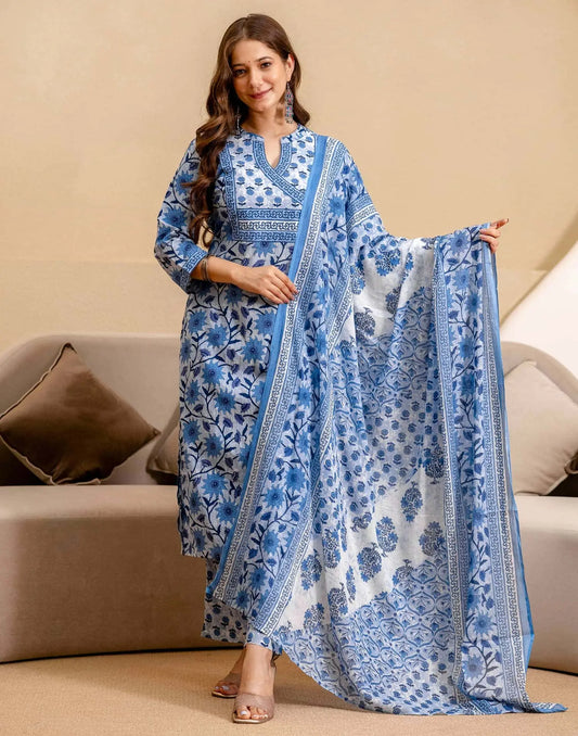 Cotton Printed Straight Kurta with Pant & Dupatta