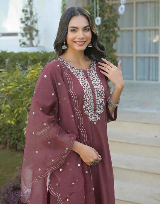 Silk Embroidered Straight Round Neck Kurta with Pant & Dupatta