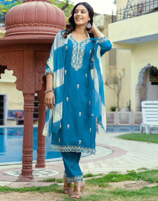 Rayon Embroidered Straight Kurta with Pant and Dupatta for Women