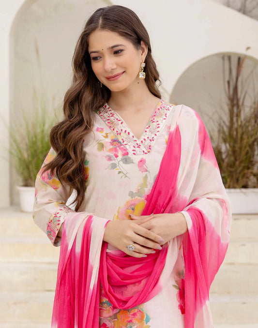 Cotton Blend Printed Straight Kurta with Pant & Dupatta