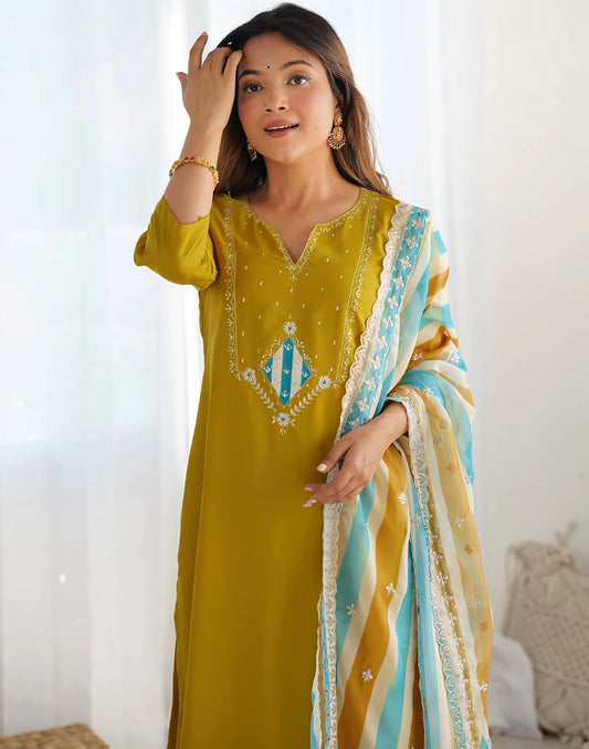 Silk Embroidery and Sequin Work Straight Kurta with Pant & Dupatta