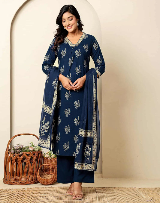 Cotton Straight Printed V-Neck Kurta with Pant & Dupatta