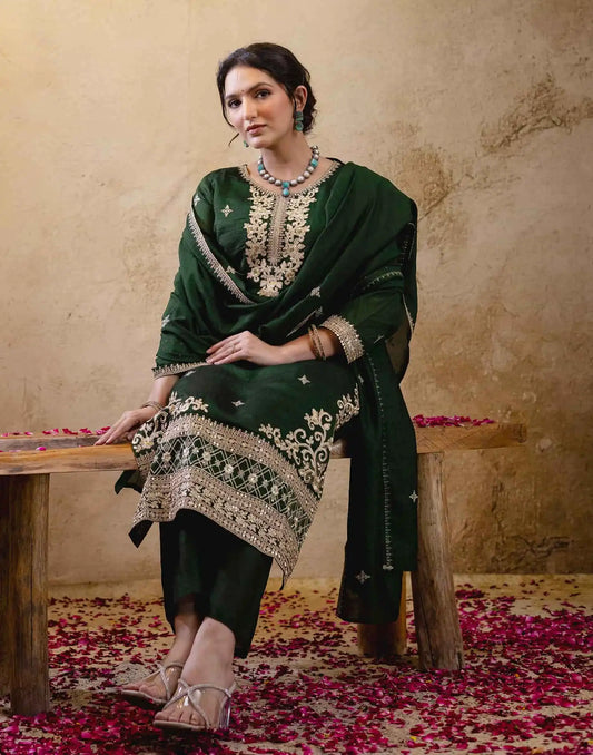 Silk Straight Embroidery Round Neck Kurta with Pant & Dupatta