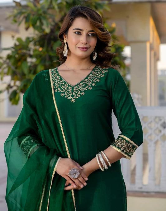 Silk Blend Sequins, Embroidery and Lace Straight Kurta with Pant & Dupatta
