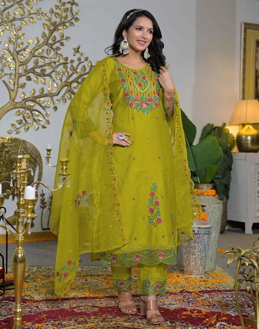 Silk Straight Embroidery Round Neck Kurta with Pant & Dupatta