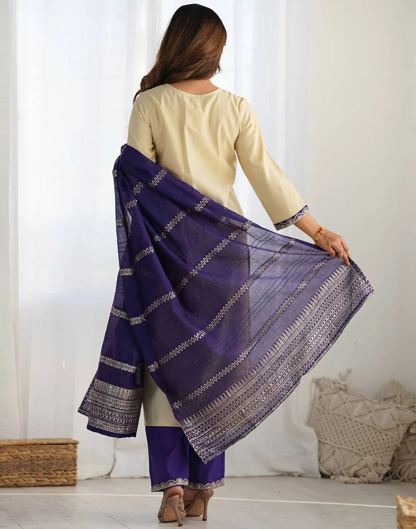 Silk Blend Sequence Embrodery Straight Kurta with Pant & Dupatta