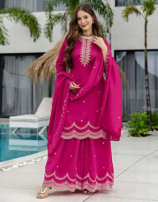 Silk Embroidered Straight Kurta with Pant & Dupatta