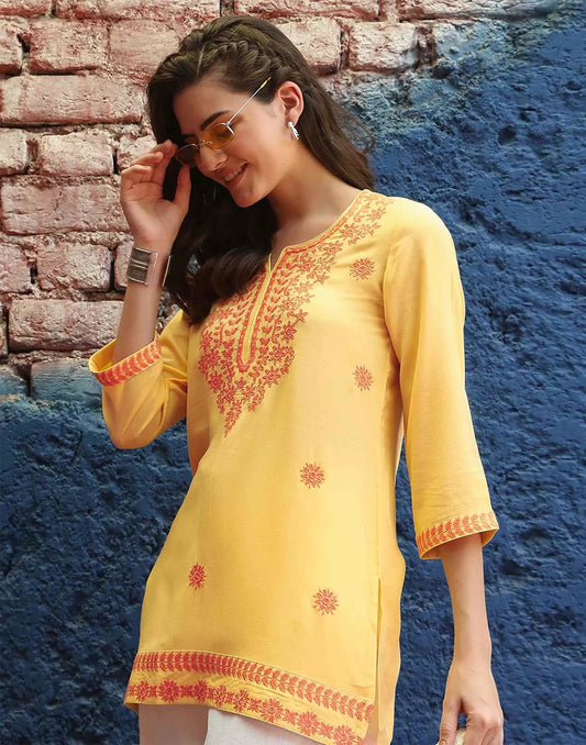Rayon Chikankari Straight Round Neck Short Kurti