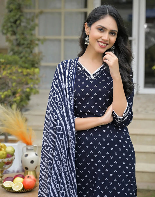 Cotton Printed V-Neck Straight Kurta with Pant & Dupatta