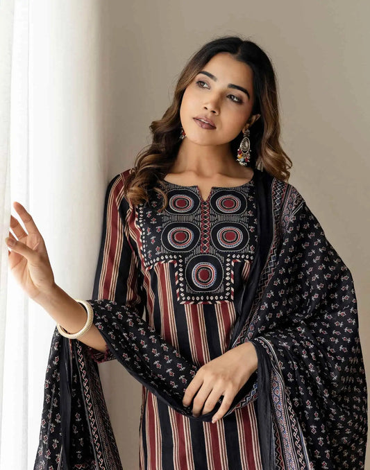 Affordable Black Cotton Printed Straight Kurta Set with Palazzo & Dupatta under 999