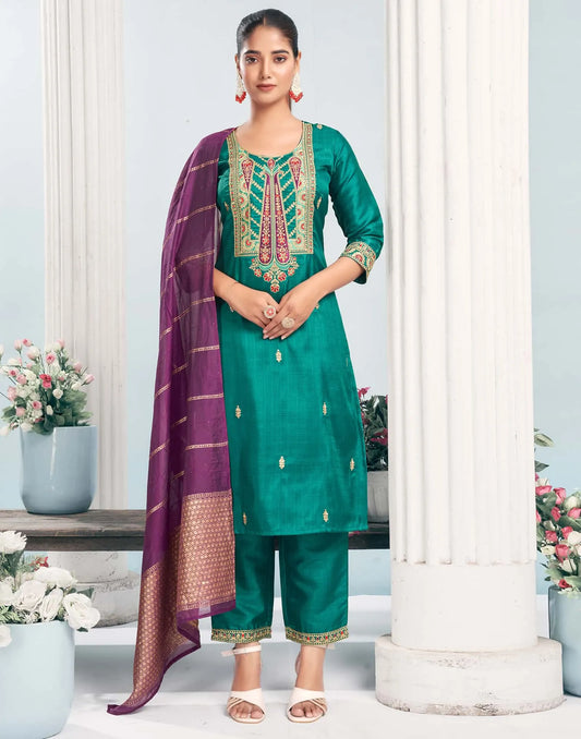 Silk Blend Embroidered Straight Kurta with Pant & Dupatta
