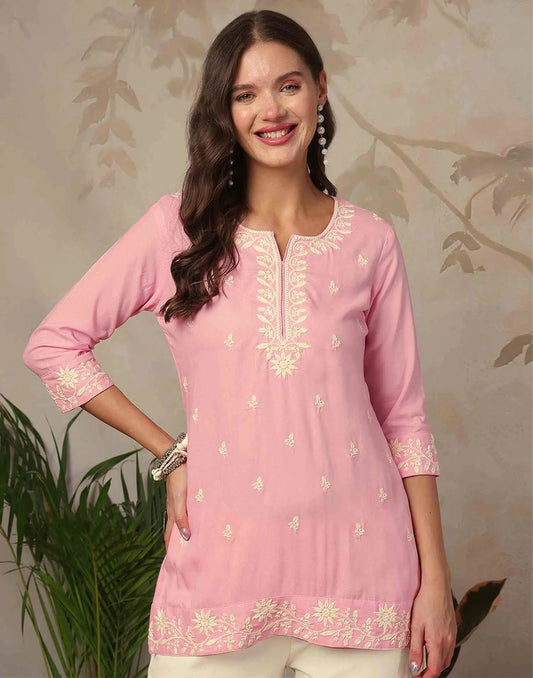 Rayon Chikankari Straight Round Neck Short Kurti