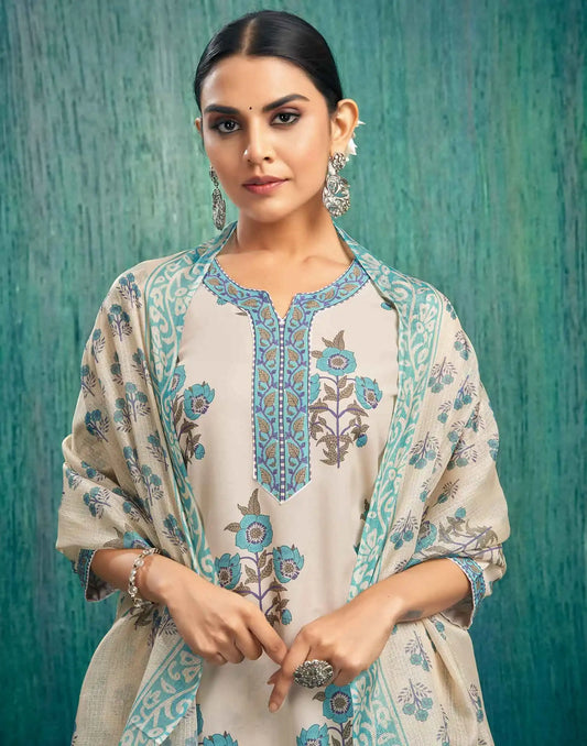 Rayon Floral Printed and Printed Lace Straight Kurta with Pant & Dupatta