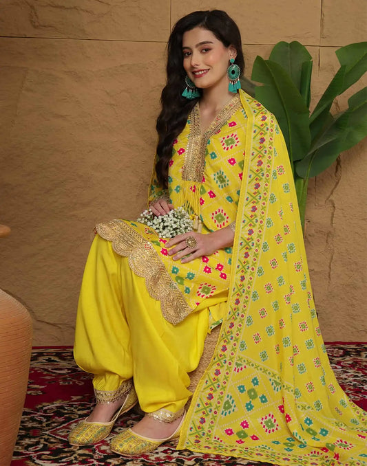 Yellow Silk Printed Straight Kurta Set for Women with Patiala Pant and Dupatta