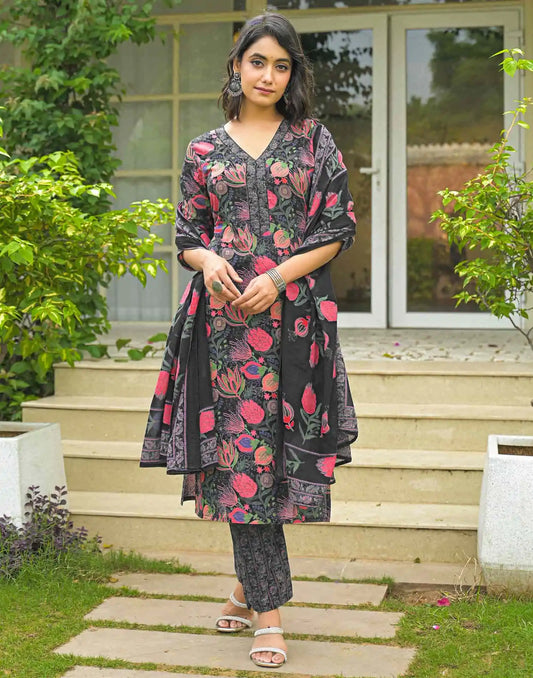Cotton Straight Printed V-Neck Kurta with Pant & Dupatta