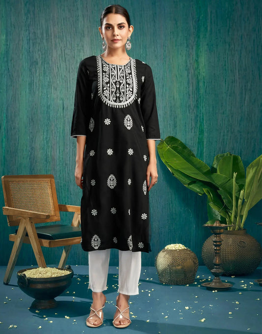 Cotton Blend Chikankari Straight Round Neck Kurtis