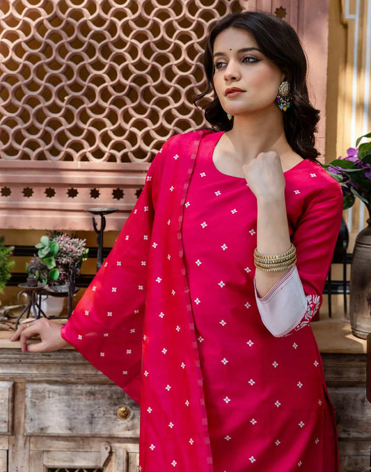 Pink Silk Blend Woven Straight Kurta Set for Women with Pant & Dupatta