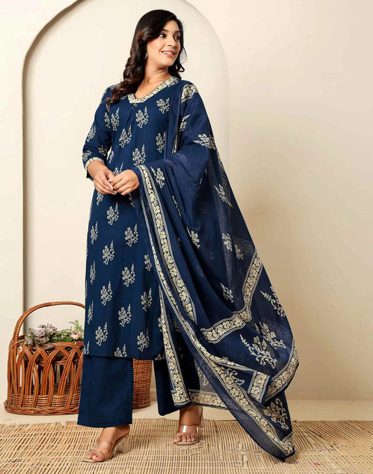 Cotton Straight Printed V-Neck Kurta with Pant & Dupatta