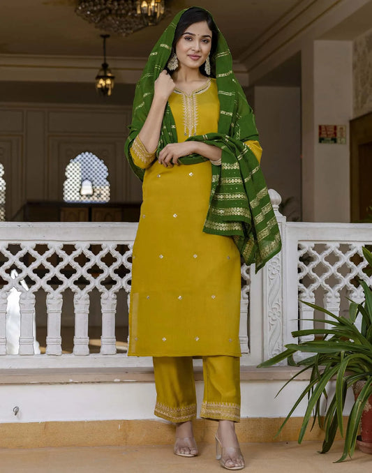 Yellow Silk Embroidered Straight Kurta with Pant and Dupatta
