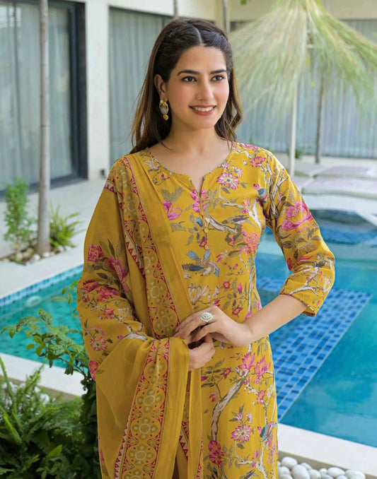 Cotton Printed Straight V-Neck Kurta with Pant & Dupatta