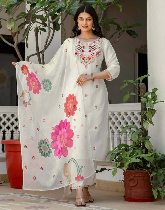 Silk Embroidery and Sequins Work, Embroidery Lace Straight Kurta with Pant & Dupatta