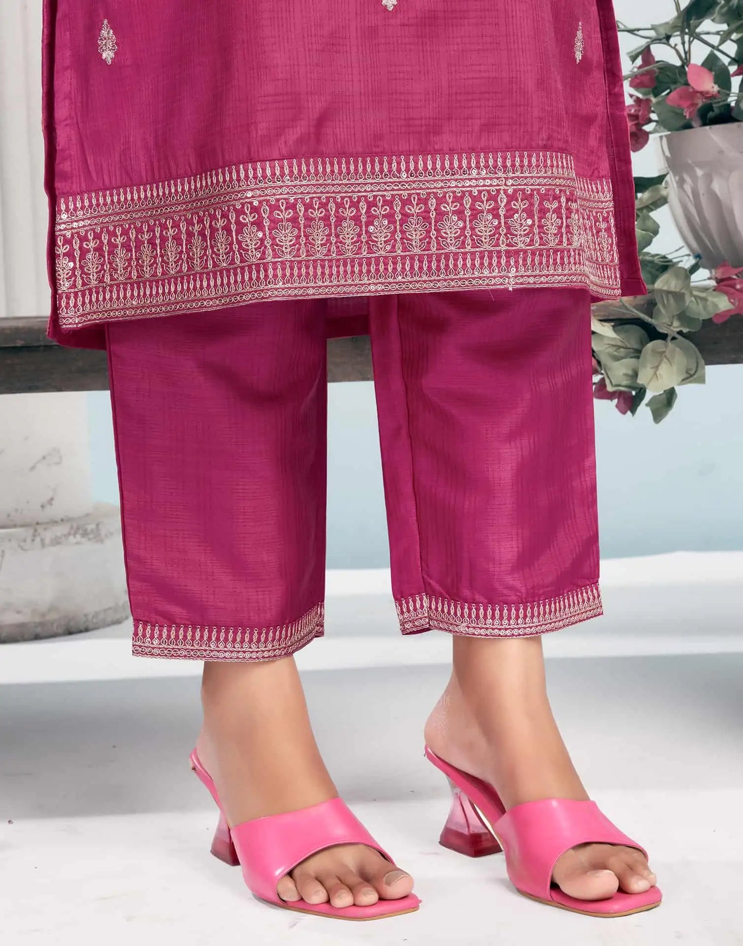 Silk Blend Embroidered Straight Kurta with Pant & Dupatta