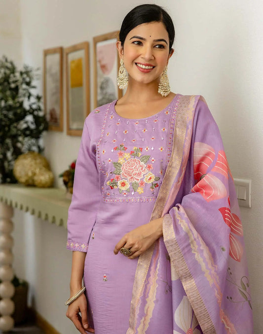 skylee Affordable Purple Silk Embroidered Round-Neck Straight Kurti with Pant & Dupatta under 999