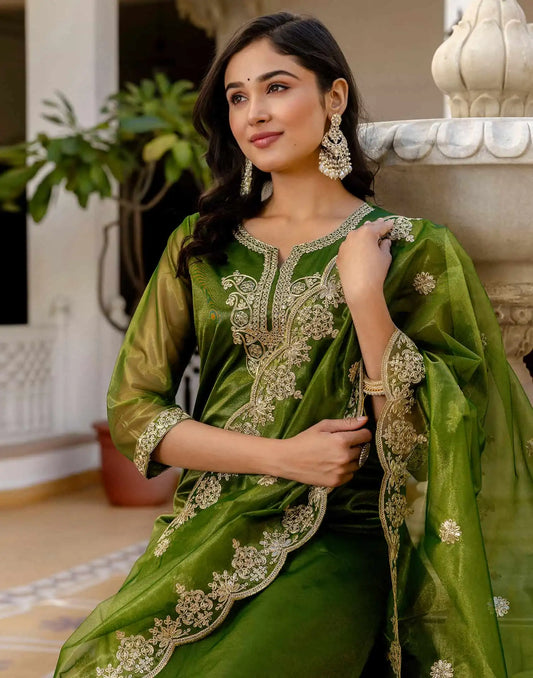 Net Sequins, Embroidery and Gota Lace Straight Kurta with Pant & Dupatta