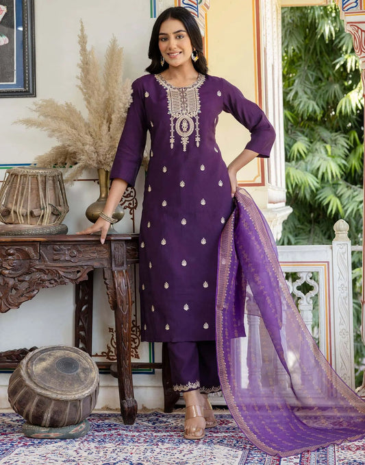 Silk Embroidery and Sequins Work Straight Kurta with Pant & Dupatta
