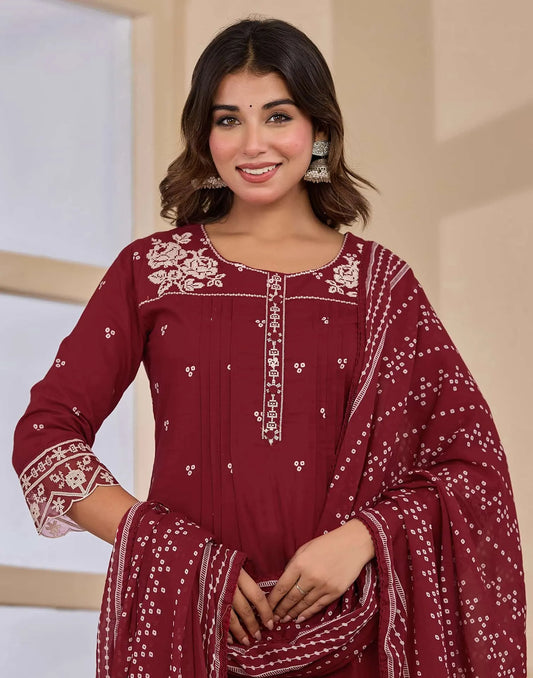 Maroon Cotton Embroidered Straight Kurta Set with Pant & Dupatta for Women Affordable Ethnic Wear under 1299