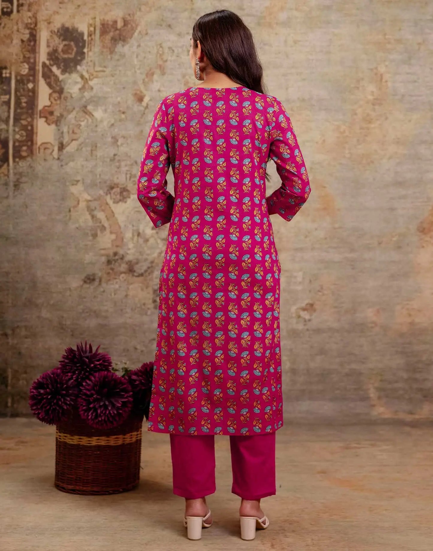 Pink Cotton Printed Straight Kurta Set with Pant & Dupatta for Women Round Neck, Casual & Office Wear Under 1299