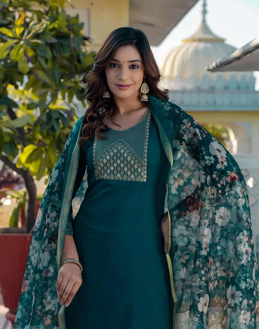 Cotton Blend Weaving and Lace Straight Kurta with Pant & Dupatta